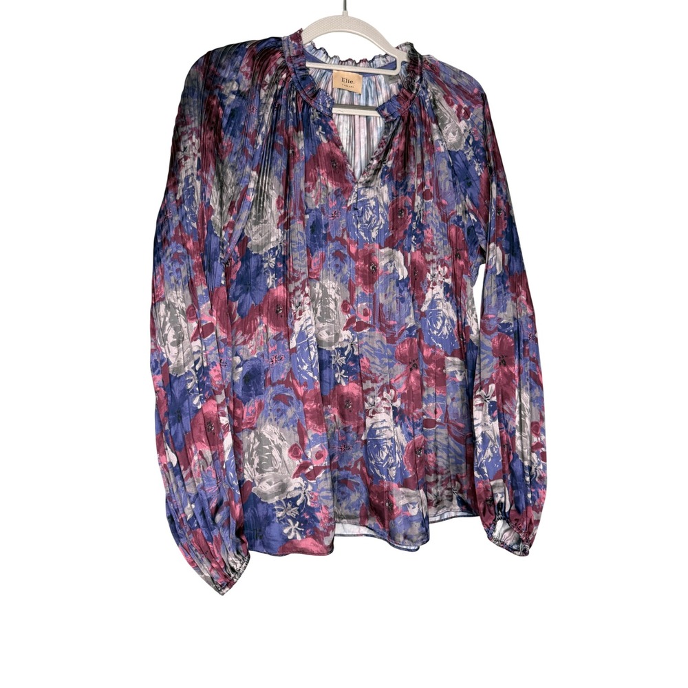 Elie Tahari Purple Blue Floral Pleated Ruffle Neck Blouse Large
